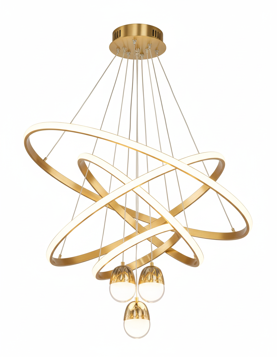 COLGANTE LED CANDIL ELEGANTE 4 AROS Y 3 ESFERAS DE CRISTAL 3 TEMPERATURAS COLOR DORADO
