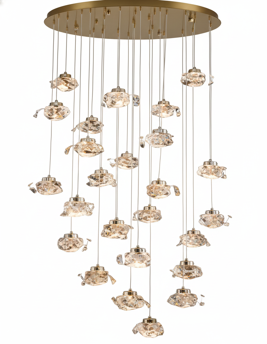 LAMPARA LED COLGANTES DE CRISTAL 12 LUCES 3 TEMPERATURAS COLOR DORADO
