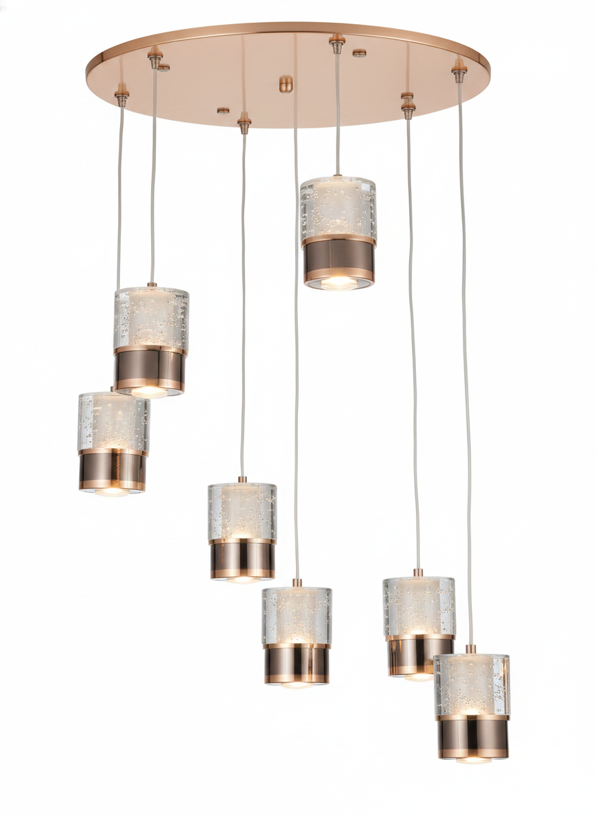 LAMARA LED COLGANTE CRISTAL DISEÑO 6 CILINDROS CRISTAL 3 TEMPERATURAS COLOR DORADO