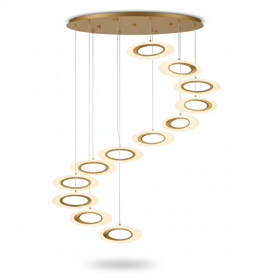 LAMARA LED COLGANTE DISEÑO 12 ANILLOS EN ESPIRAL 3 TEMPERATURAS COLOR DORADO