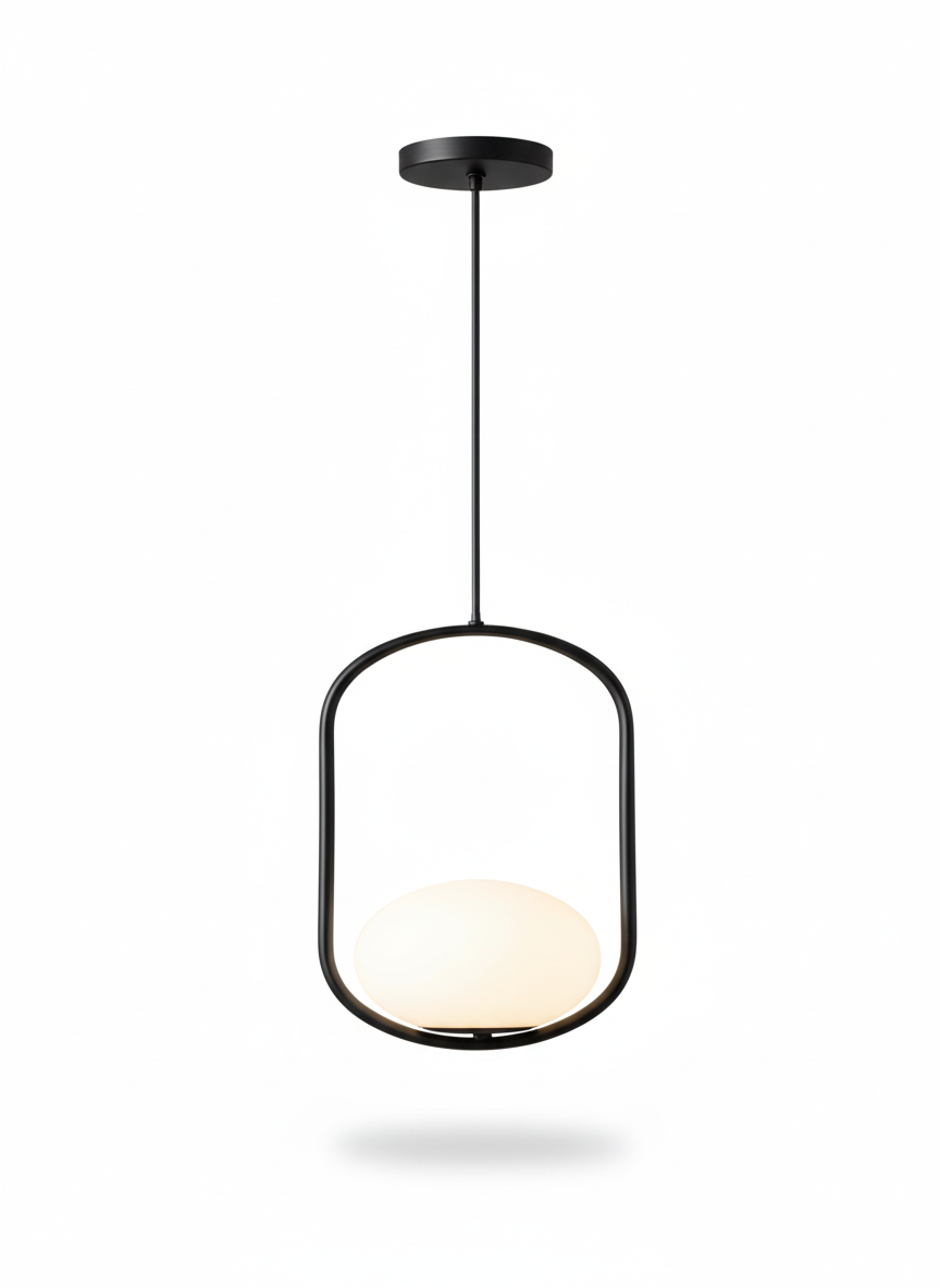 LAMPARA LED COLGANTE MARCO OVALADO NEGRO Y ESFERA CRISTAL OPALINA 3 TEMPERATURAS